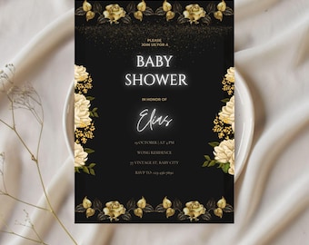 Vintage Baby Shower Invitation, Black and Gold Baroque (Digital Template)