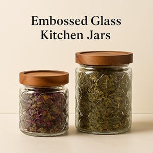 Embossed Glass Storage Jars with Wooden Lids