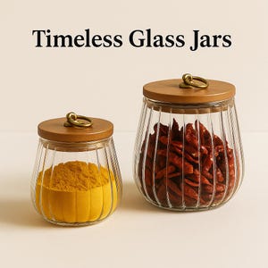 Glass Storage Jar with Wooden Lid – Airtight Ribbed Container for Kitchen & Pantry