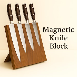 Magnetic Knife Holder Block – Solid Wood Stand for Kitchen Knives & Utensils