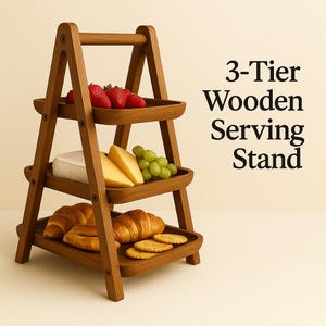 3-Tier Wooden Serving Tray Stand – Rustic Food Display for Fruits, Snacks & Desserts
