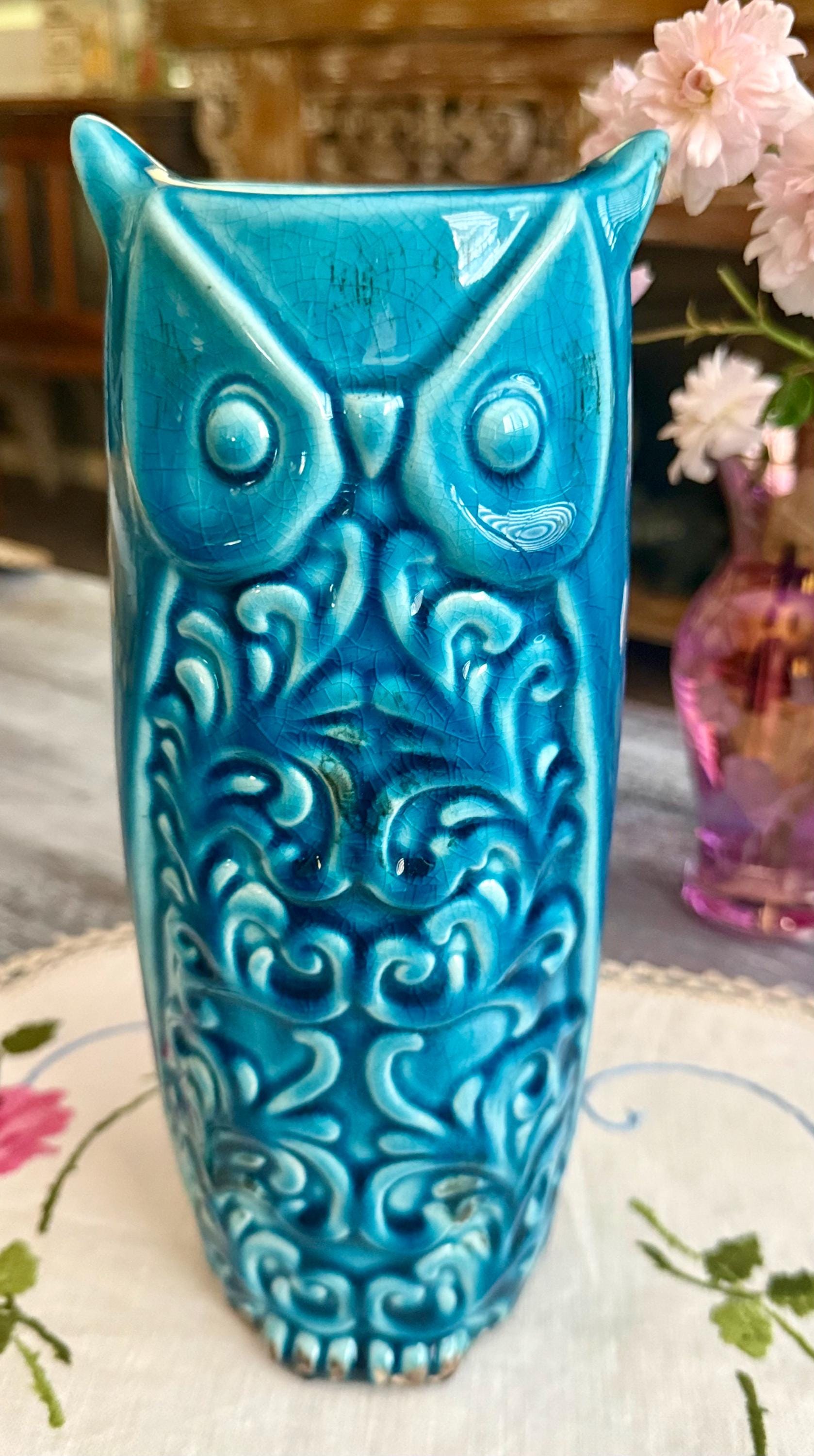Rare 1970s Turquoise Owl Vase Crackle Glaze Ceramic Tall Owl Vessel 24.5cm