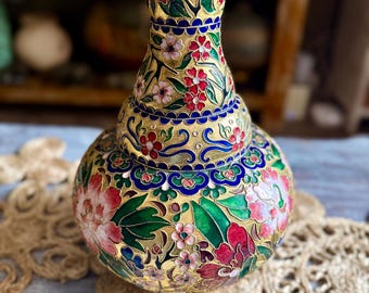 Vintage Chinese Cloisonné Vase — 6 Inch Blue Enamel Floral Brass