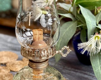 Antique Oil Lamp Circa 1890–1910 Etched Floral Glass Chimney Kerosene Lamp