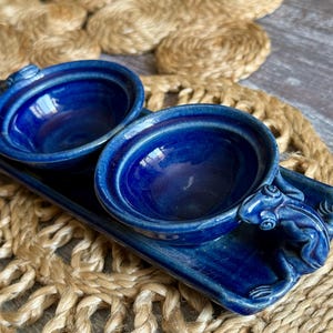 May include: A pair of cobalt blue ceramic bowls on a matching rectangular tray. The bowls have a glossy finish and are connected to the tray. The tray features a frog design on one end. The set is placed on a woven mat.
