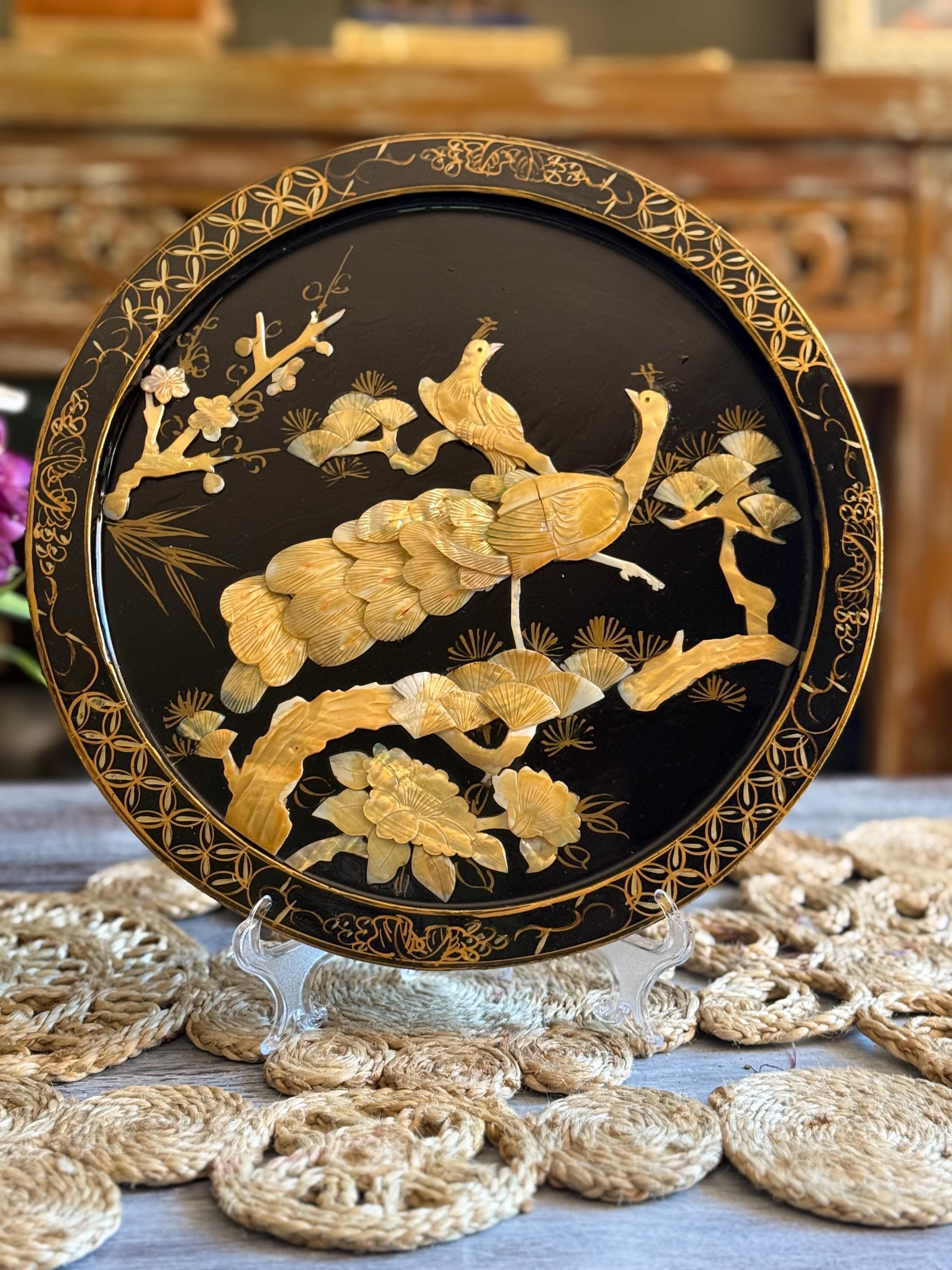 Antique Mother of Pearl Raden Inlay Japanese Laquer Plate 1890's