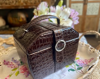 Vintage Faux Crocodile Embossed Jewellery & Vanity Case with Mirror