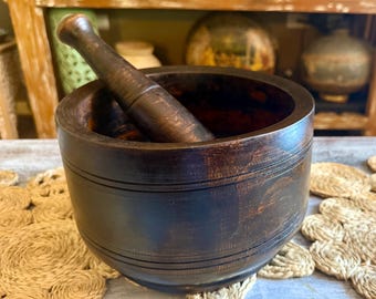 Vintage Hand-Turned Wooden Mortar & Pestle