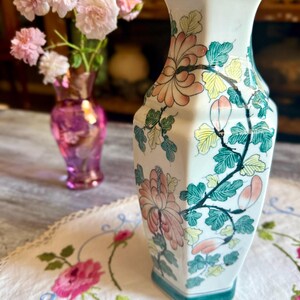 Vintage Siam Blue Hand Painted Porcelain Vase Thailand Hexagonal Floral
