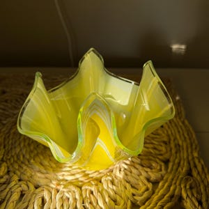 Vintage Chance Brothers Glass Handkerchief Vase Bandel-2 Yellow White Striped