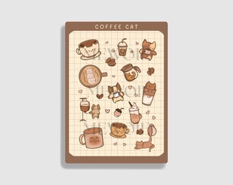 May include: A brown rectangular sticker sheet with the text "COFFEE CAT" at the top. The sheet features various coffee-themed illustrations, including coffee cups, coffee beans, and cats. The illustrations are in a cute, cartoon style.