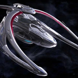 May include: A futuristic, silver spacecraft with sleek, curved lines and red accents. The design features a central body with extended, wing-like structures and a dark, space-like background. The overall aesthetic suggests advanced technology and interstellar travel.