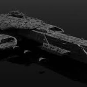 Peut inclure: Image en niveaux de gris d'un vaisseau spatial futuriste à surface texturée. Le vaisseau présente un corps principal rectangulaire et une section séparée en forme de boîte sur le côté gauche. Thème de science-fiction ou d'exploration spatiale.