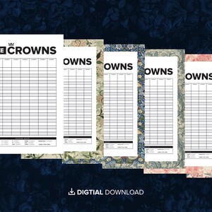 May include: A set of printable Five Crowns score sheets featuring a grid layout for tracking game rounds. Each sheet displays the text Five Crowns at the top with a small crown icon. The designs include a plain white background and various floral patterns.