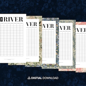 May include: A set of score sheets for the card game Up and Down the River. Each sheet features a grid for tracking scores with columns for player names and rows for rounds. The designs include a plain white background and various floral patterns.