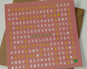 SISTER - Word Search Greeting Card for Sister - Personalised Card Printed in Ireland