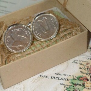 1956 Irish Threepence 3d Leath Reul Coin Cufflinks. 69th Birthday Anniversary Keepsake. Lucky Charms from Ireland