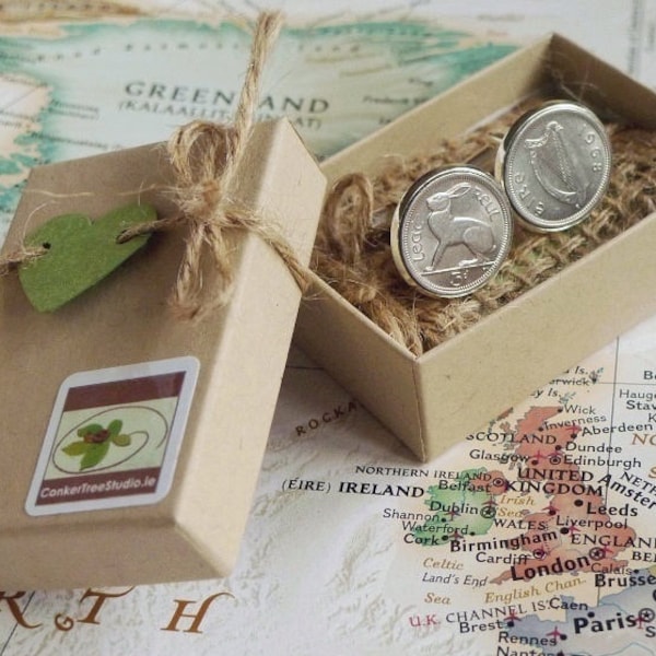 1965 Irish Threepence 3d Leath Reul Coin Cufflinks. 59th Birthday Anniversary Keepsake. Lucky Charms from Ireland