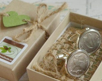 Spinki do mankietów Irish Threepence 3d Leath Reul z 1950 r. Pamiątka z okazji 75. rocznicy urodzin. Szczęśliwe amulety z Irlandii