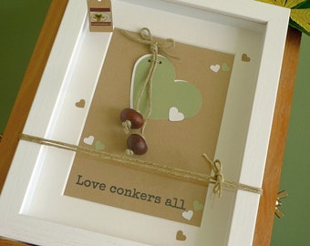 Love Conkers All - Framed Chestnuts - Love Hearts - Horse Chestnuts Wall Art - Handmade in Ireland