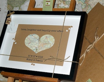 Map Heart - Personalised Wedding Keepsake - Framed Love Heart  - Custom Anniversary Gift - Map of Love - Handmade in Ireland
