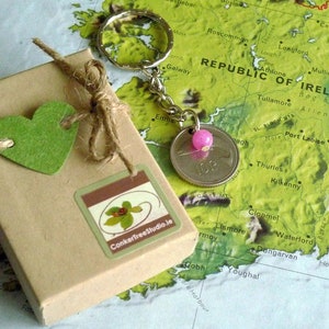 May include: A small brown box with a green heart and a brown tag with the text "ConkerTreeStudio.ie". The box is tied with twine and has a silver key chain with a coin charm attached. The coin charm has a pink stone and the text "REPUBLICA OF IRELAND" on it.