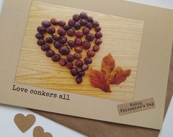 Love Conkers All - Horse Chestnut Heart - Personalised Card Handmade in Ireland