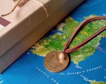 Szczęśliwy irlandzki naszyjnik z monetą 20 pensów, urodziny, rocznica, skórzany sznurek, pamiątka, zabytkowy urok z Irlandii