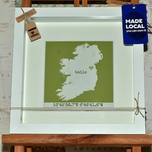 GPS Koordinaten Landkarte von Irland - Zuhause - Baile - Lageplan - Wandkunst mit Rahmen - Personalisiertes Geschenk für ein neues Zuhause - Handgemacht in Irland