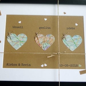 Irisches Hochzeitsgeschenk - Personalisierte Hochzeit / Jahrestags-Andenken als Gaeilge - gerahmte Karte Liebesherz - Karte der Liebe - Handgemacht in Irland