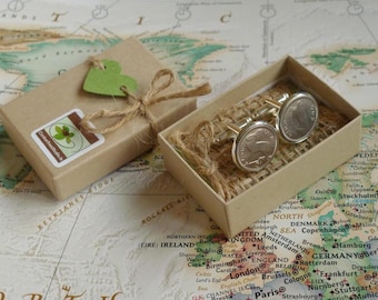 Spinki do mankietów Irish Threepence 3d Leath Reul z 1956 r. Pamiątka z okazji 69. rocznicy urodzin. Szczęśliwe amulety z Irlandii