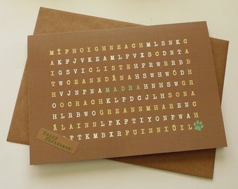 MADRA ('Dog' in Irish) - Word Search Greeting Card - Personalised Card Handmade in Ireland