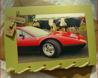 Classic Car - Red Ferrari - Irish Cows - Personalised Greeting Card Handmade in Ireland