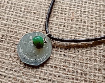 Rzadki Dublin Millennium 1988 irlandzka moneta 50p naszyjnik urodziny rocznica skórzany sznurek wisiorek pamiątka zabytkowy urok szczęścia z Irlandii