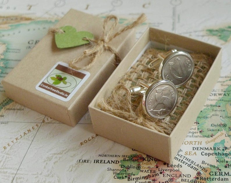 1963 Irish Threepence 3d Leath Reul Coin Cufflinks. 61st Birthday Anniversary Keepsake. Lucky Charms from Ireland image 1