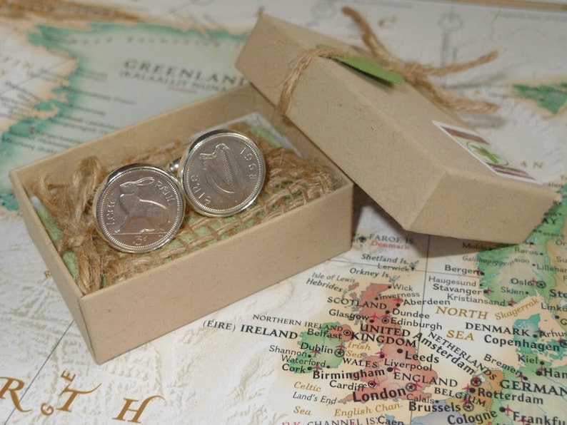 1963 Irish Threepence 3d Leath Reul Coin Cufflinks. 61st Birthday Anniversary Keepsake. Lucky Charms from Ireland image 4