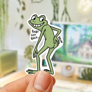 May include: A green frog sticker with the text "Baby Got Back" and "Pain". The frog is smiling and has its back arched. The sticker is held up by a hand.