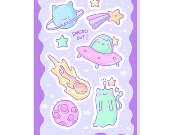Stickervel Kawaii Space: pastelkleurige Alien Cat, Galaxy Stationery