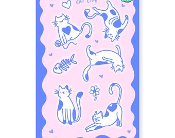 Foglio di adesivi con la vita dei gatti, adesivi in vinile con gatti carini, cancelleria con gatti pastello, foglio di adesivi kawaii con gatti rosa e blu
