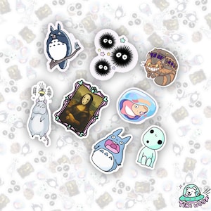 May include: A selection of colourful stickers featuring characters from Studio Ghibli films, including Totoro, soot sprites, and a framed Mona Lisa parody. The stickers are on a white background with a repeating pattern.