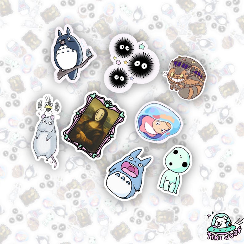 May include: A selection of colourful stickers featuring characters from Studio Ghibli films, including Totoro, soot sprites, and a framed Mona Lisa parody. The stickers are on a white background with a repeating pattern.