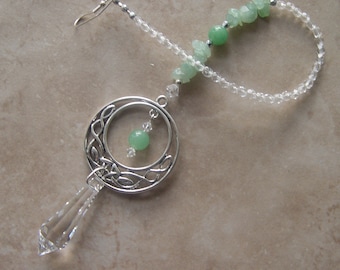 Celtic Knot green aventurine chip beads crystal suncatcher, Celtic jewelry, home decor, rearview mirror car accessories, housewarming gift