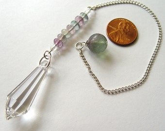Dowsing pendulum, crystal pendulum, fluorite pendulum, Swarovski crystal point pendulum with fluorite buttons, pendulum necklace