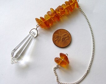 Dowsing pendulum, crystal pendulum, amber pendulum, Swarovski crystal point pendulum with amber chips, pendulum necklace