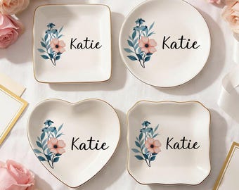 Personalized Heart Jewelry Dish with Floral Design, Custom Name Ring Holder, Bridesmaid Gift, Engagement Ring Tray, Vanity Catchall