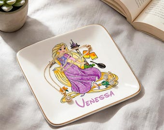 Plato de joyería de princesa personalizado, bandeja de baratijas con nombre personalizado, plato de anillo de cuento de hadas con vestido morado, regalo para cumpleaños de niñas, recuerdo de niña de las flores