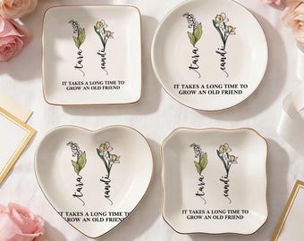 Plato para guardar joyas/anillos de baratijas con borde dorado y diseño floral de la amistad