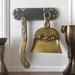 Vintage Art Nouveau Brass Table Dustpan & Brush Set | Early 1900s Crumb Sweeper on Wall Rack | Solid Brass Kitchen Decor