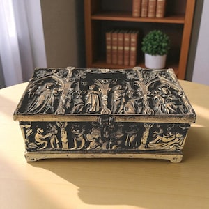 Antiek bronzen reliekhouder: gotische Franse sieradendoos, bijbelse motieven