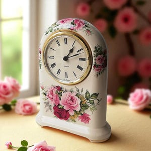 Vintage Robt. Blandford Porcelain Mantel Clock | English Floral Mantle Clock with Roses & Gilt Edging | Collectible Quartz Clock Gift